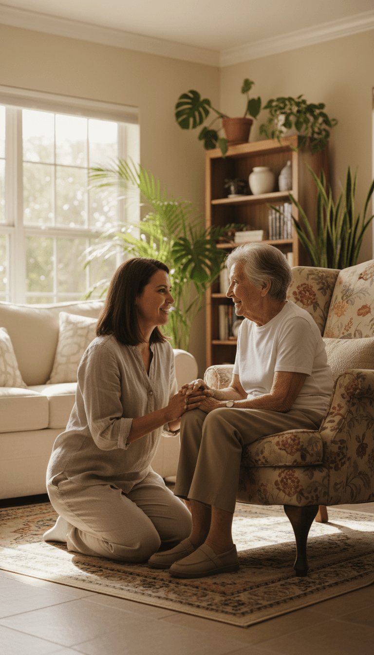 Caregiver sitting with an elderly resident in a bright living room at Jubilee Home