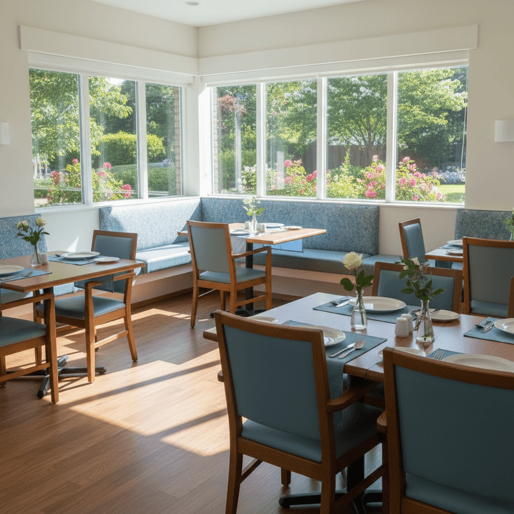 Bright communal dining area with tables set for meals