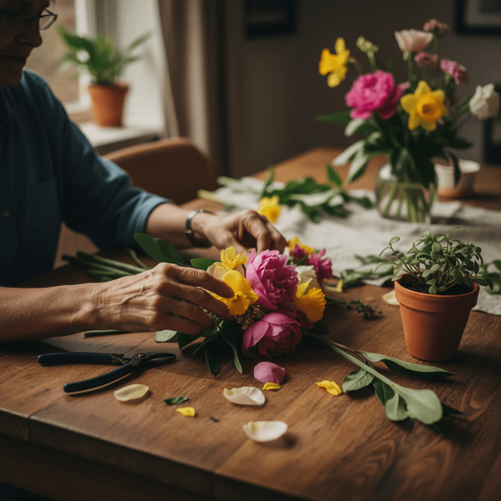Resident arranging flowers with staff help