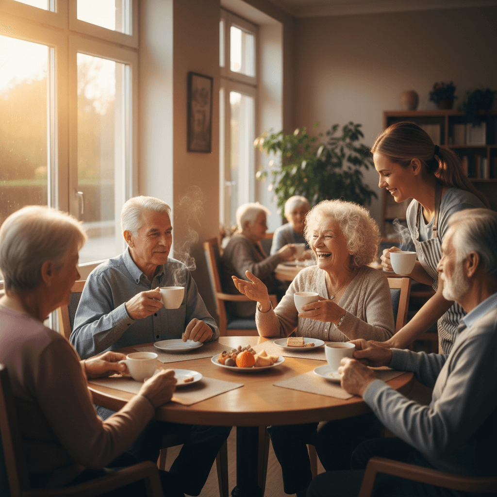 Seniors chatting over coffee in a sunlit dining room