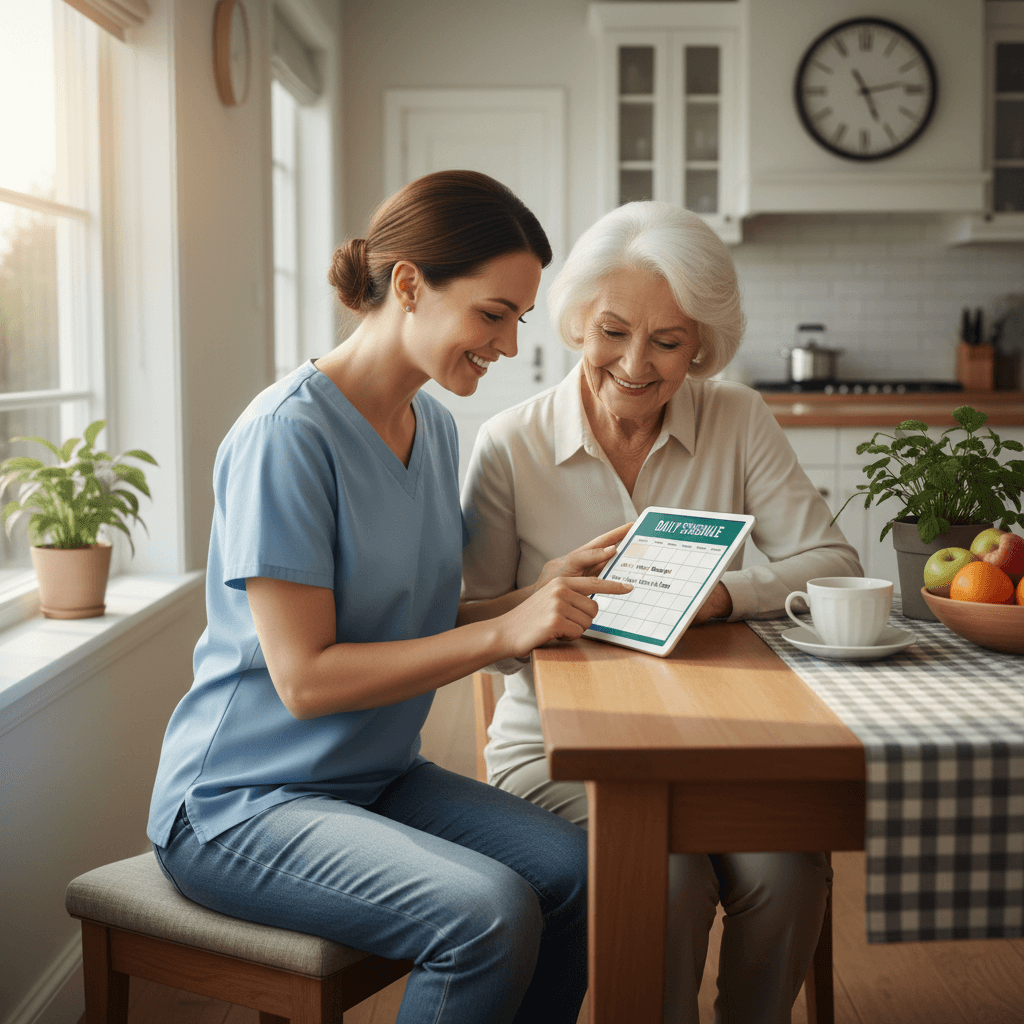 Caregiver reviewing a daily schedule with a senior at a kitchen table