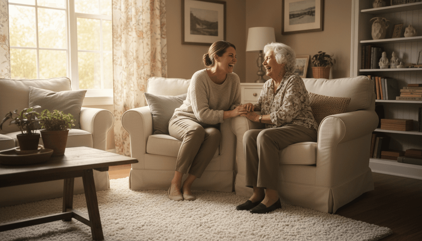 Caregiver sharing a warm moment with an elderly resident in a cozy living room