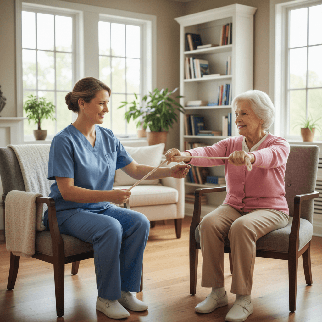 Therapist guiding an elderly resident through a stretching exercise