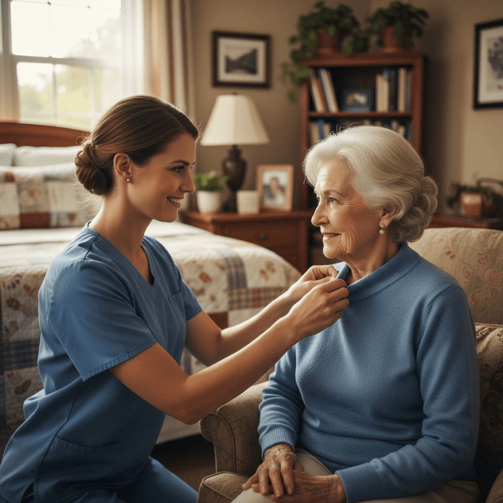 Caregiver helping a female resident with her clothing in a bright bedroom