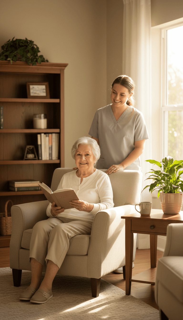 Resident reading peacefully in a common room with a caregiver nearby