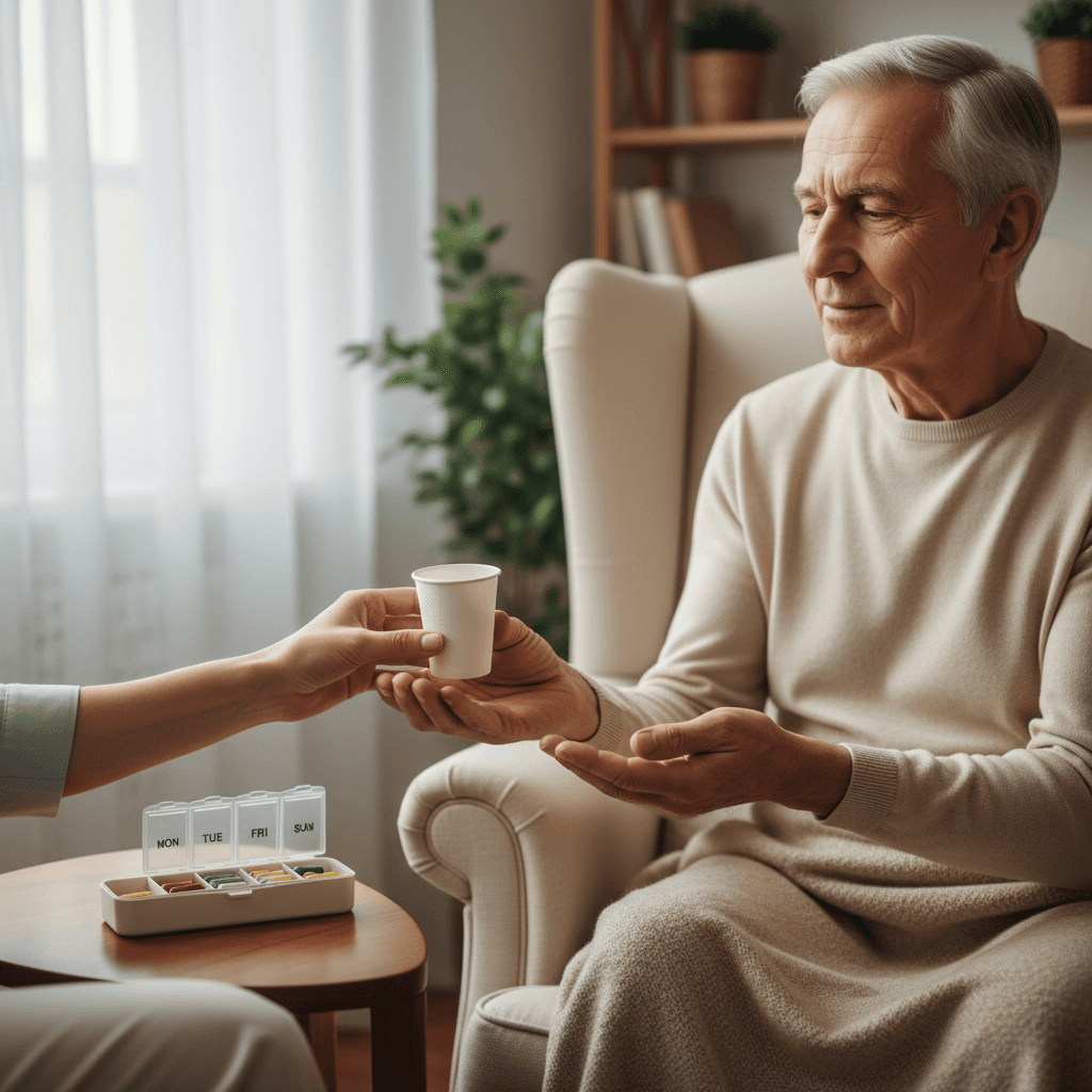 Caregiver handing medication to a senior man in a comfortable living room