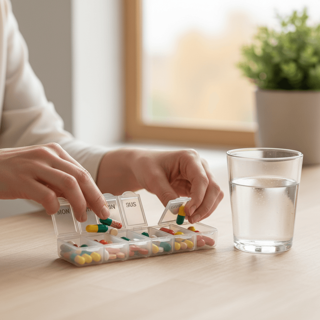 Hands organizing a weekly pill organizer on a kitchen counter