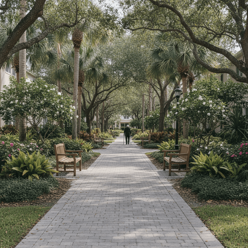 Landscaped walking path with benches