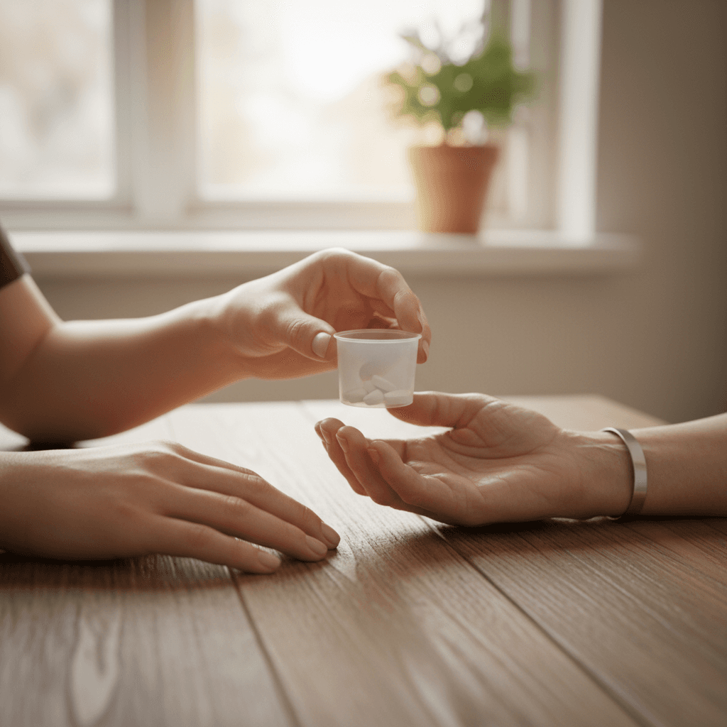 Caregiver handing medication cup to an elderly resident at a table