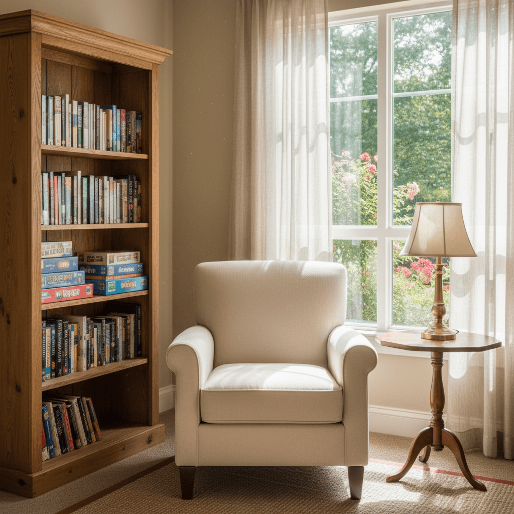 Cozy library corner with books and games