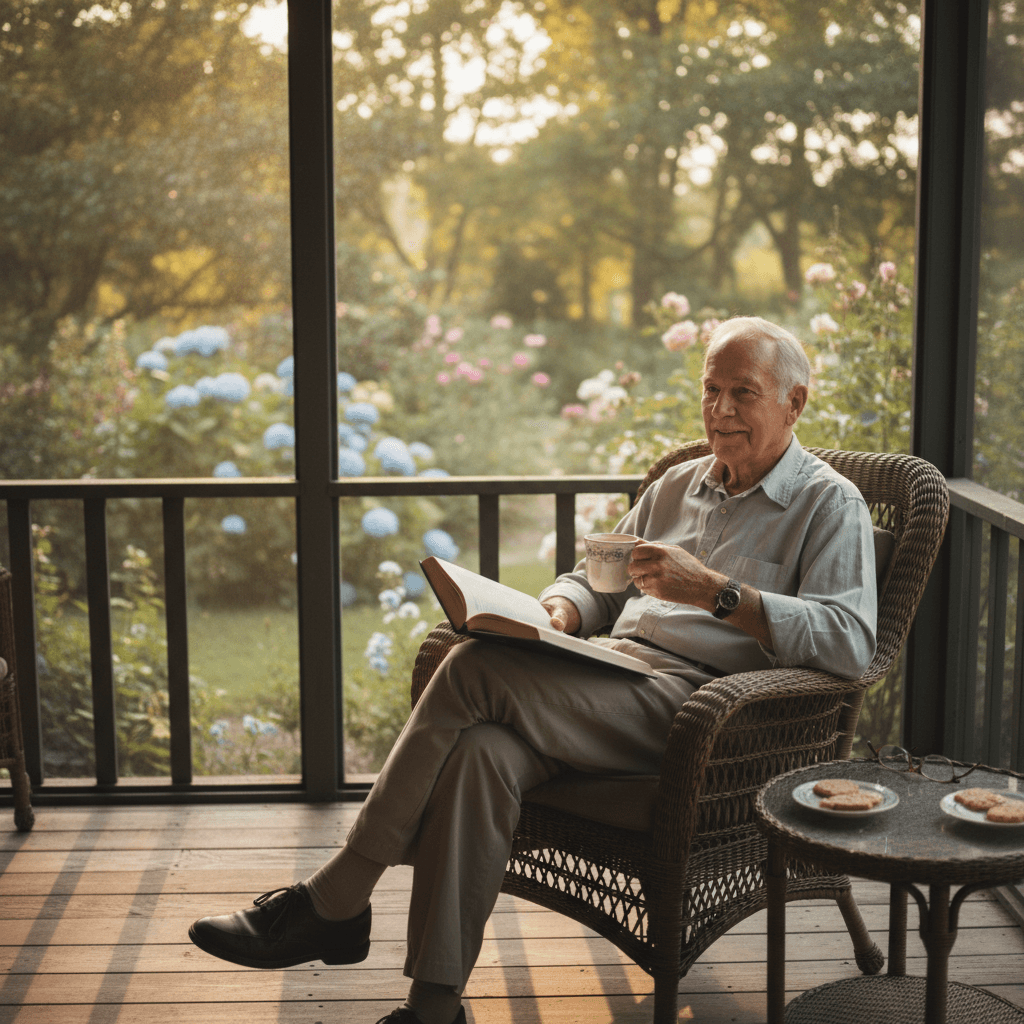 Elderly man reading on a screened porch with a mug of tea