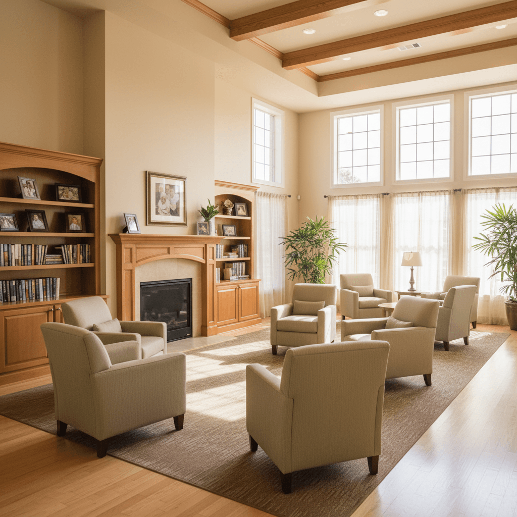 Common lounge with armchairs and a fireplace