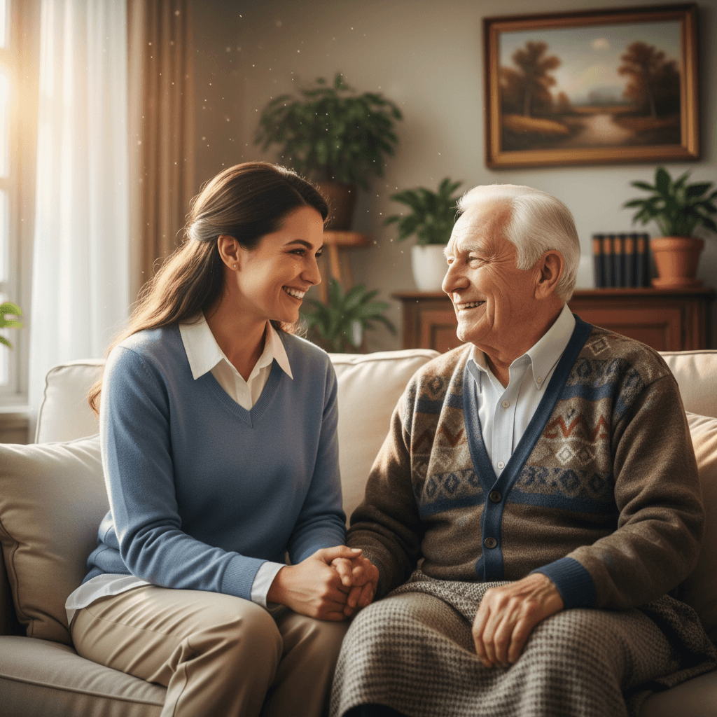 Caregiver conversing warmly with elderly man on a couch