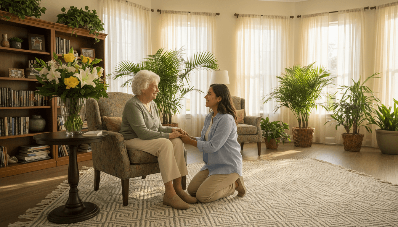 Caregiver sitting beside a smiling elderly resident in a bright, plant-filled common room