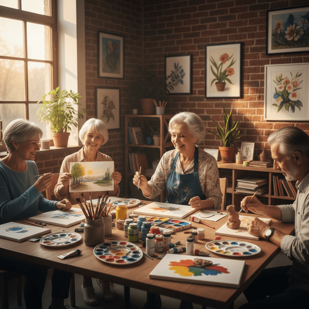 Senior woman painting at a table with others in an activity room