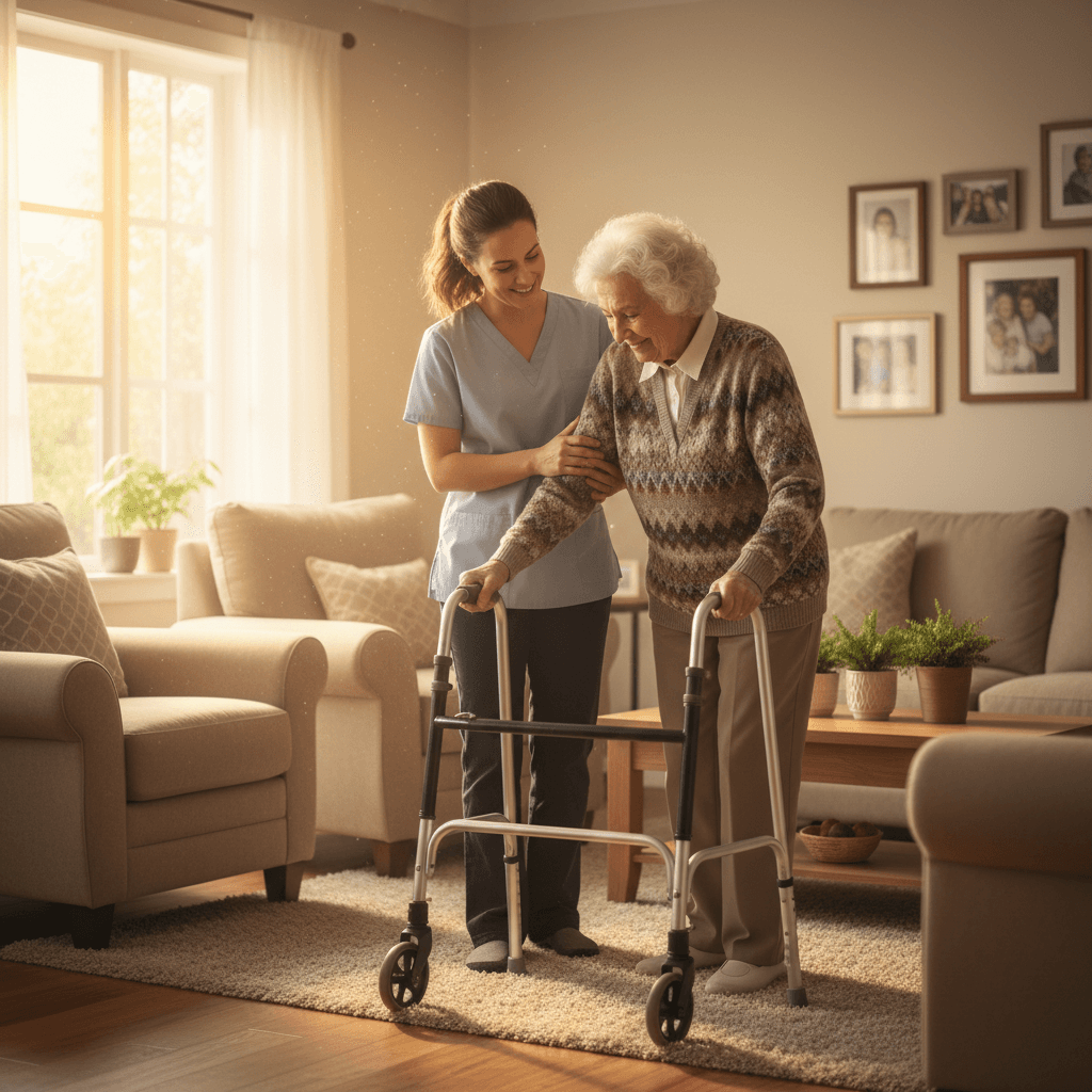Caregiver supporting an elderly woman walking in a sunlit living room