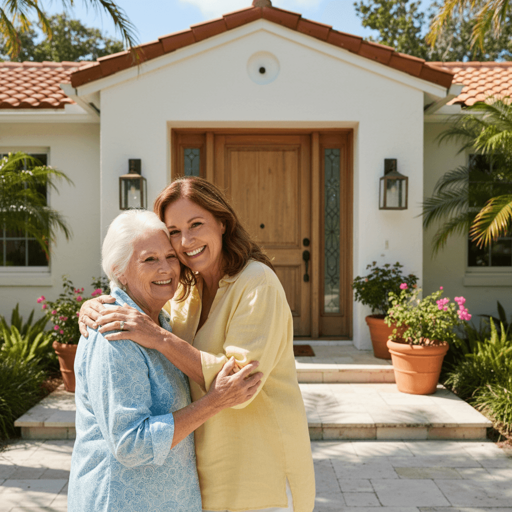 Woman hugging her elderly mother near a home's front door