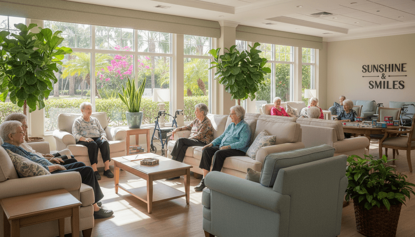 Residents laughing together in a sunlit common room at Jubilee Home Assisted Living