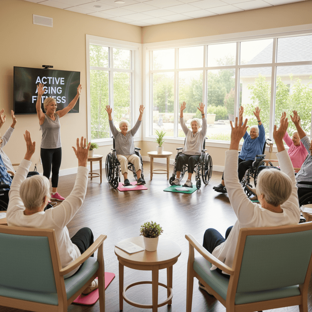 Seniors doing seated exercises in a bright common room