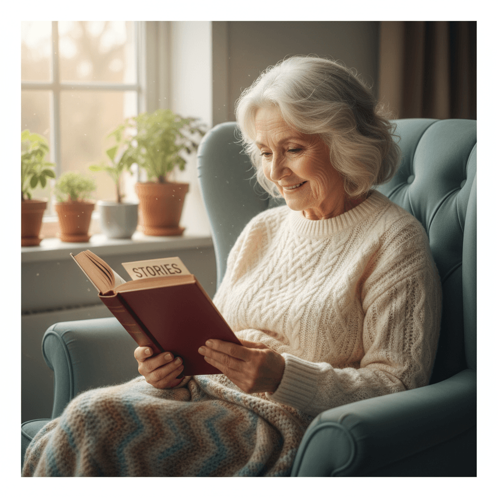 Elderly woman reading comfortably in an armchair with soft window light