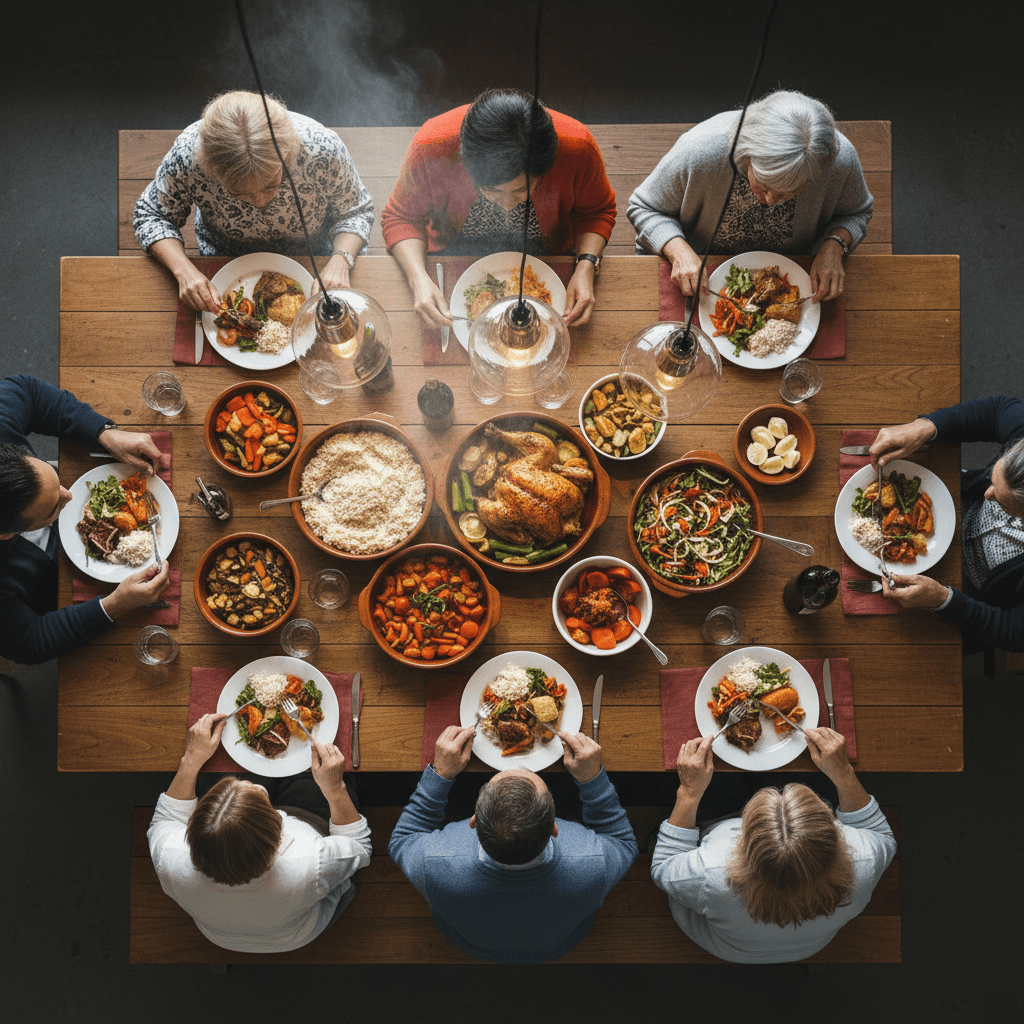 Overhead view of a dining table with home-cooked meals and residents seated