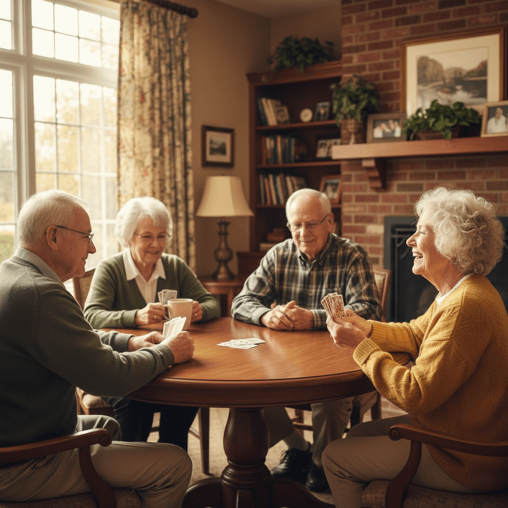 Residents playing cards in the common room