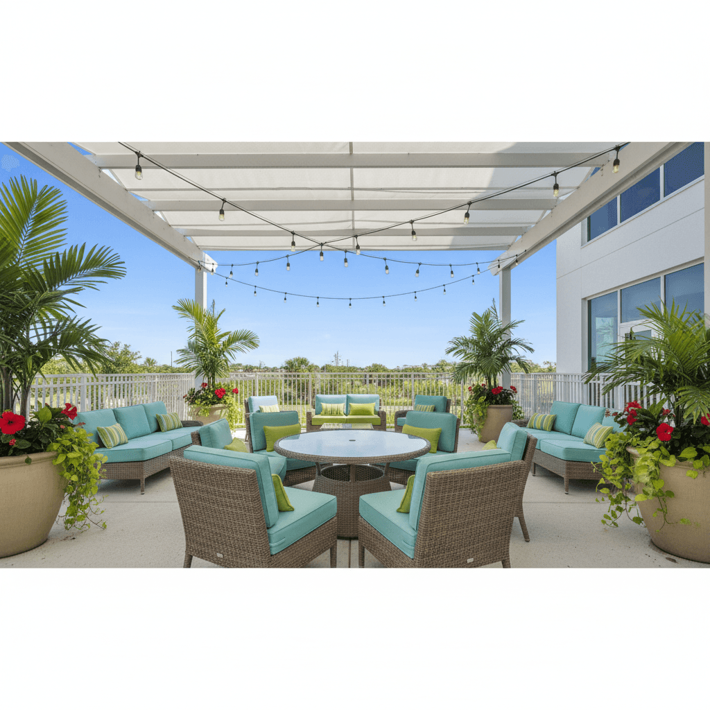 Outdoor patio with cushioned seating and string lights