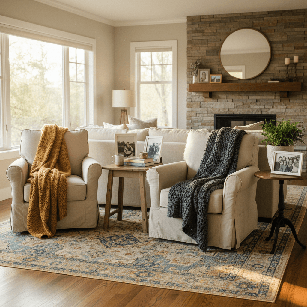 Cozy living room with armchairs, soft throws, and personal photos