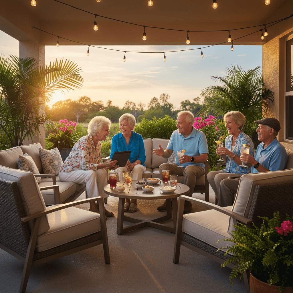 Residents enjoying a social happy hour on the patio