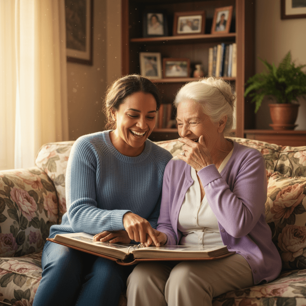 Caregiver and resident laughing over a photo album on a couch