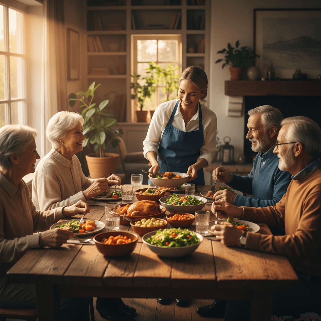 Residents and staff sharing a home-cooked dinner around a wooden table