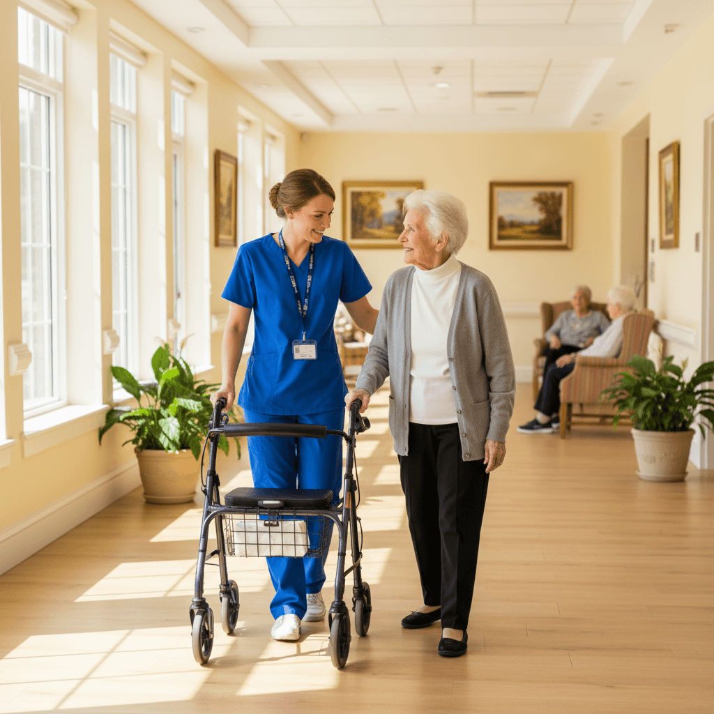 Staff member assisting a senior woman with a walker in a hallway