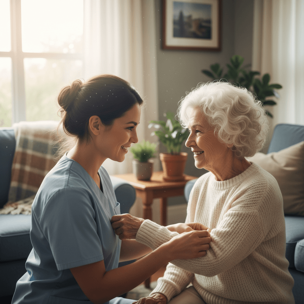 Caregiver helping a smiling elderly woman adjust her sweater
