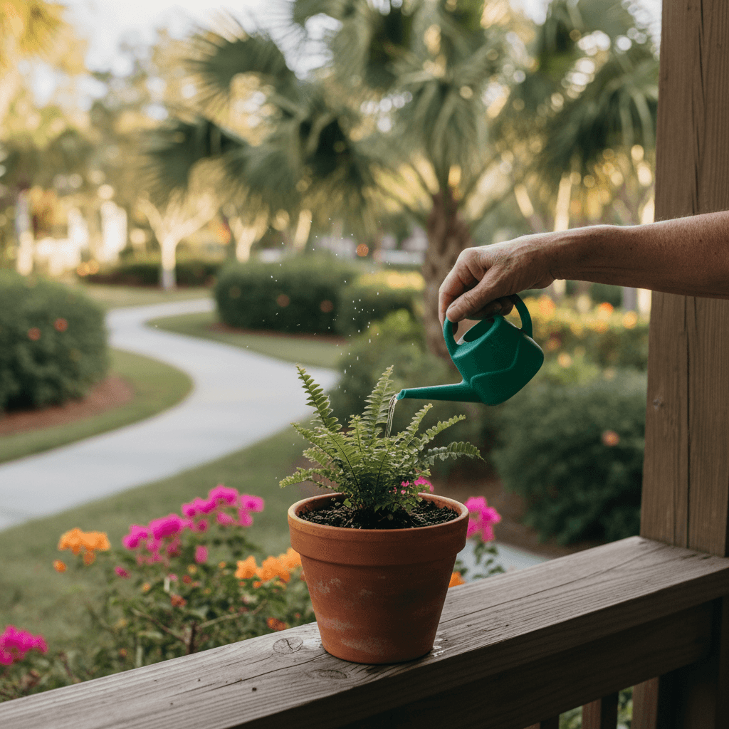 Garden plant being watered on a porch