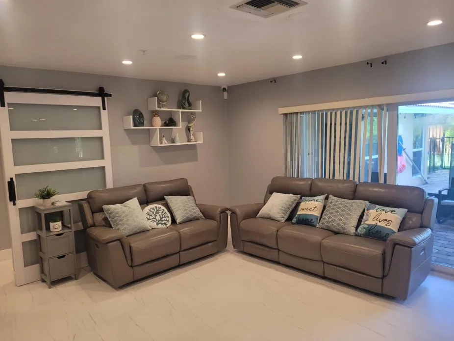 Modern living room with grey leather sofas, decorative pillows, barn door, and geometric shelf.